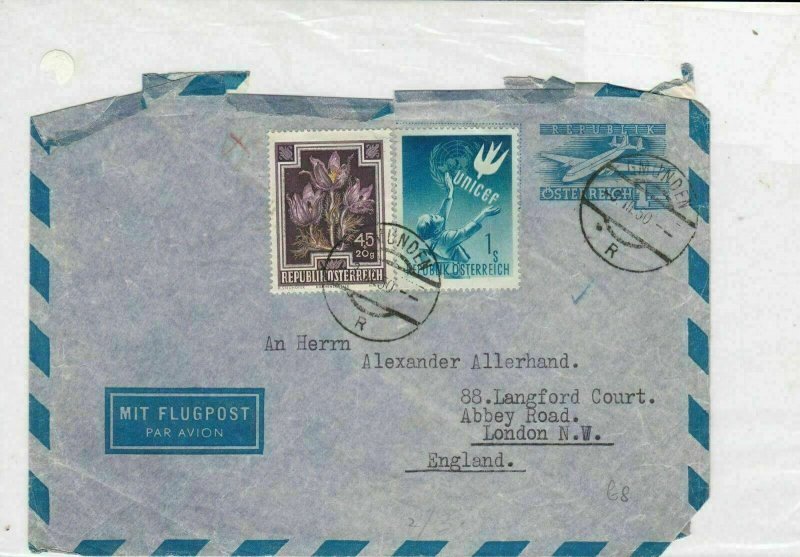 austria 1950 unicef + flowers air mail stamps cover ref 21213