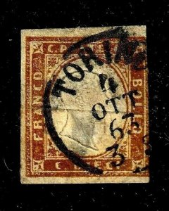 Sardinia stamp #11j, used, dark brown, Torino cxl,  CV $360.00