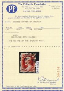 137, Used 6¢ VF/XF Stamp With PFC Certificate Cat $400.00 - Stuart Katz