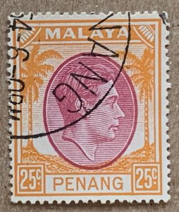 Malaya Penang 1949 25c KGVI, used. Scott 16, CV $1.25. SG 16