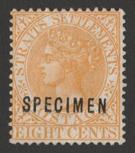 STRAITS SETTLEMENTS 1867 QV 8c wmk crown CC SPECIMEN sans-serif type D11 UNIQUE!