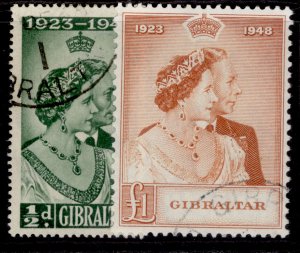 GIBRALTAR GVI SG134-135, 1949 ROYAL SILVER WEDDING set, FINE USED. Cat £83.