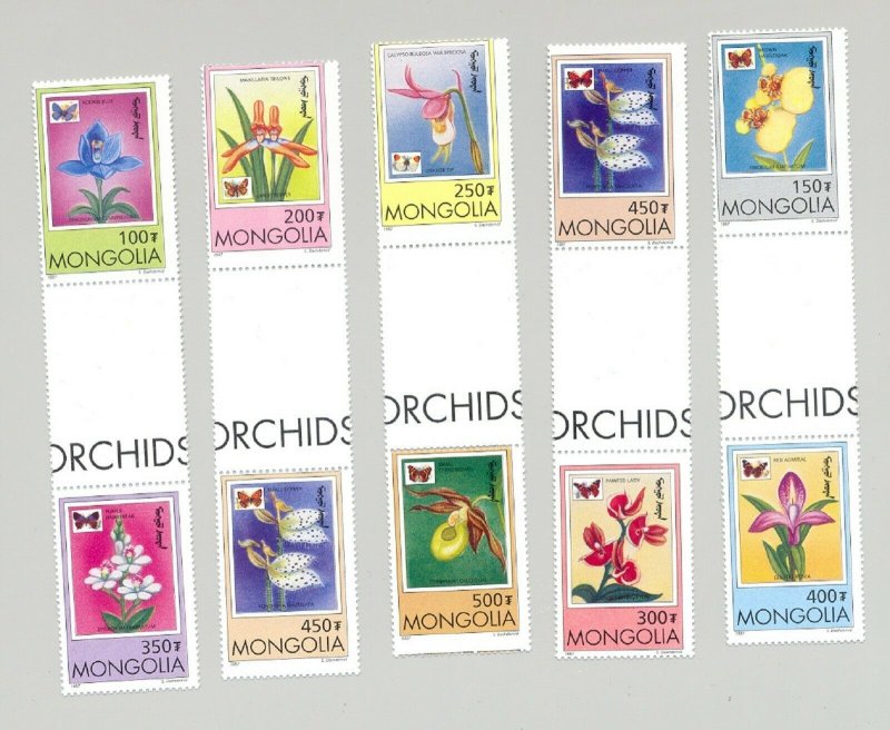 Mongolia #2269-2277 Orchids & Butterflies 9v in 5v Cross Gutter Proof Pairs