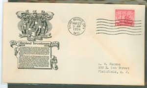 US 736 1934 3c Founding of Maryland 300th anniv on an addressed (typed) FDC with an Anderson (bump) cachet