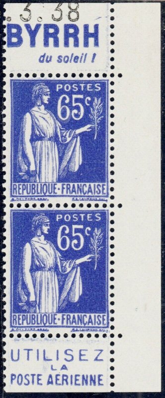 FRANCE - 1937 Paire avec Pubs BYRRH/Poste Aérienne Yv.365b 65c Paix t.II Neuf**