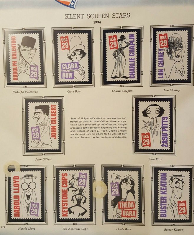 US Scott 2819 - 2828, 2828a Silent Screen Stars 10 Singles and Block of 10 MNH
