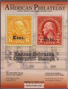 APS Magazine Apr 2016 , Kansas - Nebraska Overprint Stamps - I Combine S/H