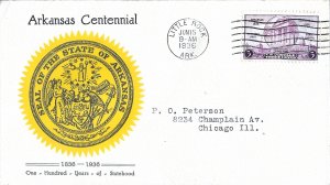 1936 FDC, #782, 3c Arkansas Centennial, Linprint