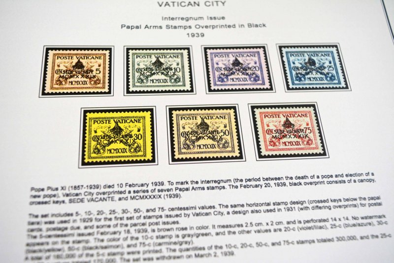 COLOR PRINTED VATICAN CITY [CLASS.] 1929-1940 STAMP ALBUM PAGES (20 ill. pages)