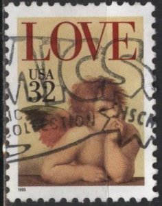 US 2957 (used) 32¢ love: cherub by Raphael (from sheet, perf. 11.2) (1995)