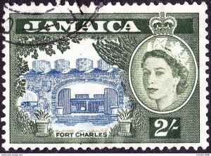 JAMAICA 1956 QEII 2/- Blue & Bronze-Green SG170 FU