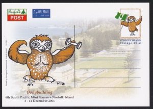 NORFOLK IS 2001 Sth Pac Games Postage Paid owl postcard - Bodybuilding.....B3549