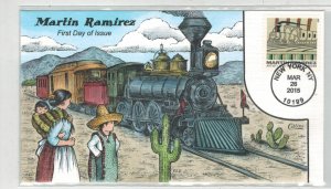 2010 COLLINS HANDPAINTED FDC ARTIST MARTIN RAMIREZ PAINTING RAILROAD TRAINS