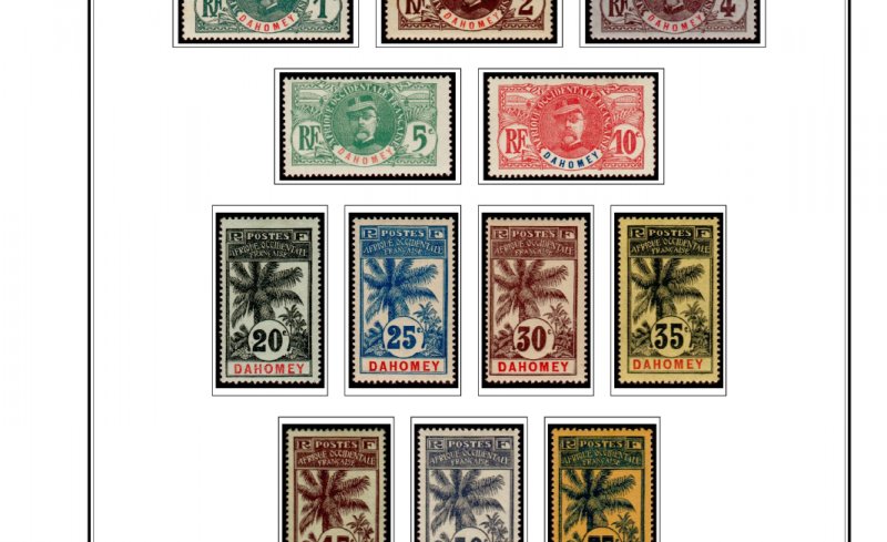 COLOR PRINTED DAHOMEY 1899-1944 STAMP ALBUM PAGES (16 illustrated pages)