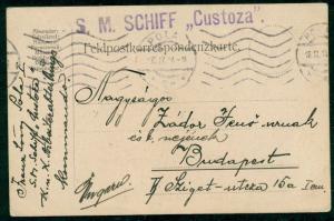 1914, Hungary Naval card, ship “CUSTOZA” bold purple single straight line cancel