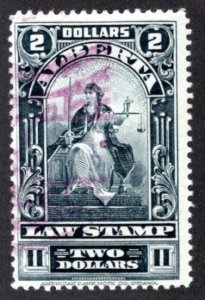 van Dam AL34, Used, $2 grey, 1910-30, Law Stamp, Justice Seated, Canada Revenue