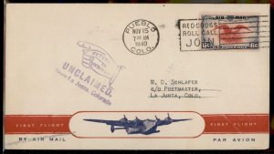 USA 1940 Colorado Pueblo La Junta Unclaimed Returned Airmail Cover 94324