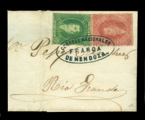 ARGENTINA 1864 RIVADAVIA 5c brn rose + 10c grn Sc 11+12 MENDOZA large part cvr