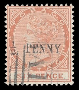 Tobago 1897 QV ½d on 6d orange-brown FIGURE FURTHER FROM WORD var VFU. SG 28a.