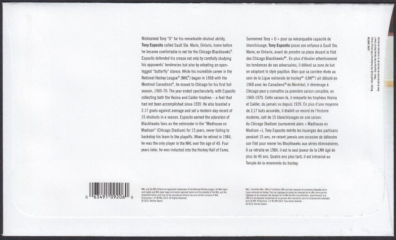 TONY ESPOSITO = GREAT CANADIAN GOALIES, HOCKEY = Official FDC Canada 2015 #2868
