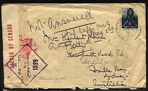 SOUTH AFRICA WW2 double censor cover to Australia..........................19379