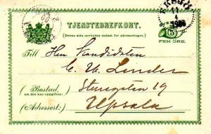 Sweden 5o Post Horn Official Postal Card 1900 Eksjo to Uppsala.