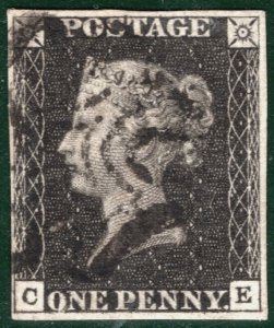 GB PENNY BLACK QV 1840 Stamp SG.2 1d Plate 8 (CE) Used MX Cat £525 SBR14