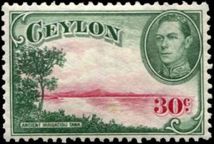 Ceylon SC# 285 SG# 393 Ancient Iriagation Tank  wmk SIDEWAYS 30c MH