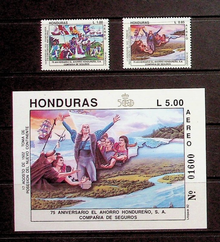 HONDURAS Sc C842-44 NH set+SOUVENIR SHEET OF 1992 - DISCOVERY OF AMERICA