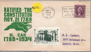 NORTH CAROLINA RATIFIED THE CONSTITUTION NOV 21 1789 CACHET COVER RALEIGH 1934