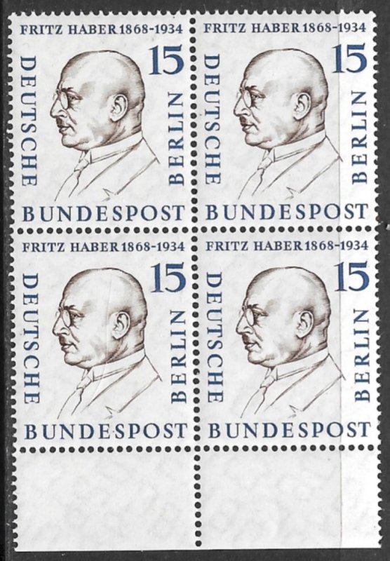 GERMANY / BERLIN - 1957-59 15pf Fritz Haber Chemist Block of 4 Sc 9N151 MNH