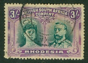 SG 158 Rhodesia 1910-13. 3/-. Very fine used with an Enkeldoorn CDS