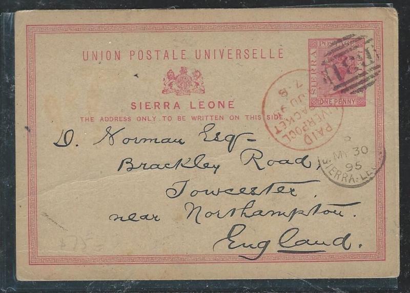 SIERRA LEONE (P0404B) 1895 QV PSC 1D TO ENGLAND, RED LIVERPOOL PACKET CANCEL