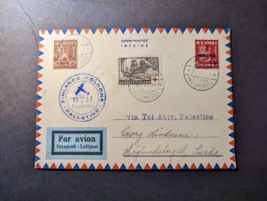 1937 Finland Airmail FFC Cover Helsinki to Sweden via Tel Aviv Palestine