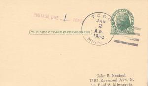 United States Minnesota Togo 1952 4f-bar  1905-1990  Postal Card  Shortpaid s...