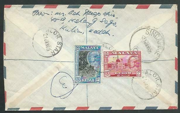 MALAYA KEDAH 1965 registered cover Alor Star to Singapore..................60513