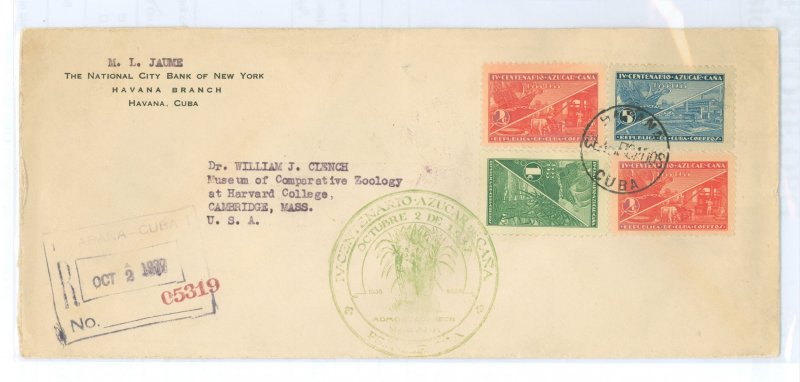 Cuba 337-339 1937 Reg FDC to Cambridge via Miami & Boston. Tear in Flap Complete set FDC