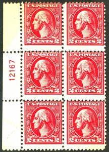 U.S. #528 MINT PL# BLOCK OF 6 OG HR