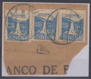 COLOMBIA 1945 Sc C138 SINGLE & PAIR ON PIECE POSTAL FORGERY NEIVA Cds' SCARCE 