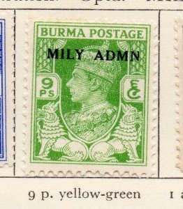 Burma 1945 Early Issue Fine Mint Hinged 9p. Optd 207613