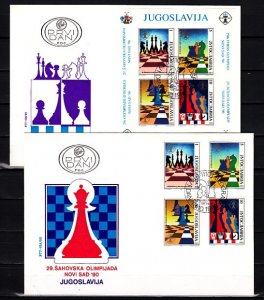 Yugoslavia, Scott cat. 2072 A-D, 2073. Chess set & s/sheet. 2 First day covers.