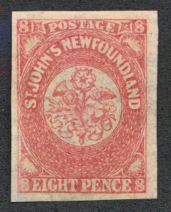 NEWFOUNDLAND 21 UNUSED VF, 8p ROSE IMPERF, W/O GUM AS COMMON