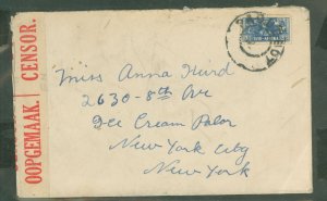 South Africa  Suid Afrika 3d Postmarked Paquebot, Addressed to New York, Bi-Lingual Censor Tape at Left