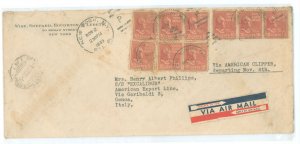 US 815 1939 10c Tyler (presidential/prexy series) x9 paid three times the 30c per half ounce airmail rate to Europe on this 11/3