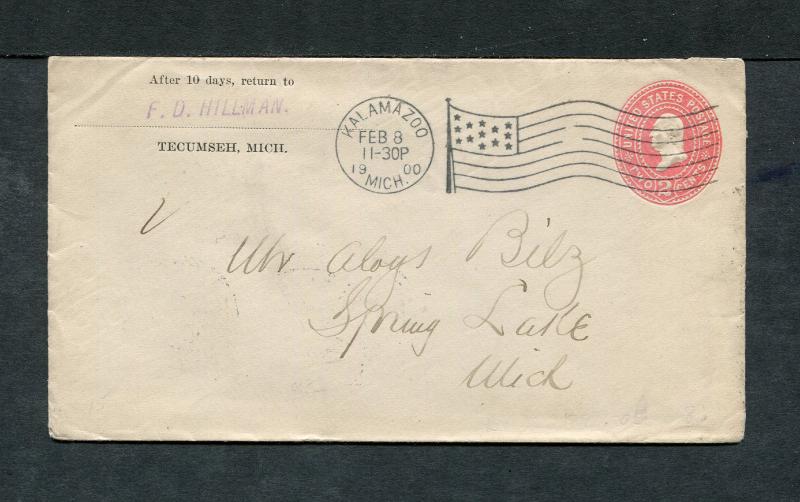 Postal History - Kalamazoo MI 1900 American Flag AMF-B14 Cancel Stationery B0672