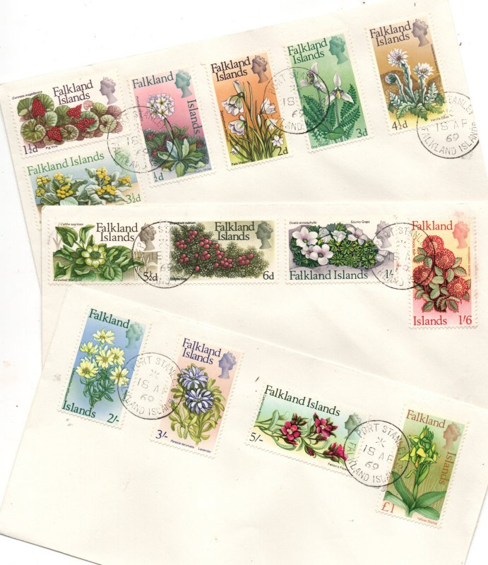 Falkland Islands 1968 Flowers full set on 3 covers SG232-245 WS36444