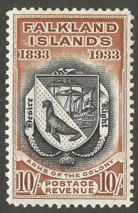 Falkland Islands 1933 Centenary 10s Mint Never Hinged MNH SG137 Sc 75