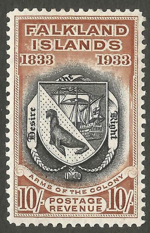 Falkland Islands 1933 Centenary 10s Mint Never Hinged MNH SG137 Sc 75