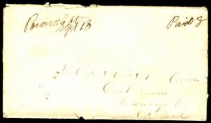 US STAMPLESS COVER, Powell, VT, hand canceled PAID 3, nice and fresh!