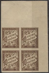 French Colonies J16 (mnh block of 4) 10c “centimes à percevoir”, gray brn (1894)